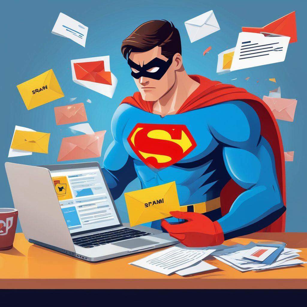 A cluttered inbox overflowing with spam and newsletters, with a superhero figure wielding a giant 'Cancel' button, effortlessly cleaning up the digital chaos. The background should feature a laptop screen showing a streamlined, organized email client. vibrant colors. vector art.