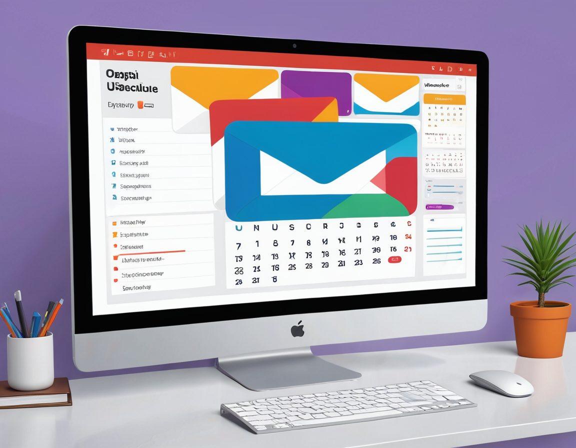 A computer screen with an email inbox open, displaying multiple email unsubscribe buttons prominently. The user's hand hovers over a mouse, about to click 'unsubscribe'. The background shows a clutter-free workspace with a calendar marked 'Organize Emails Day'. Clean UI design. vector art. vibrant colors.
