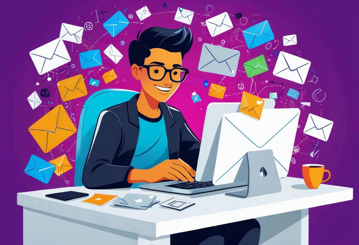 A cluttered inbox with a character joyfully shredding unwanted emails, surrounded by icons of email management tools and happy expressions. Futuristic email automation systems and a sleek dashboard in the background, symbolizing control and efficiency. comic style. vibrant colors. white background.